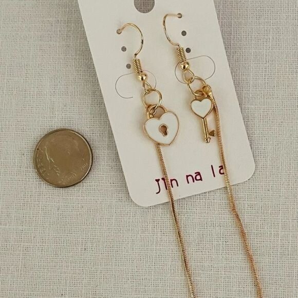 Heart Lock and Key Gold Plated Earrings in White by Jin na la Nickel Free - Picture 5 of 8